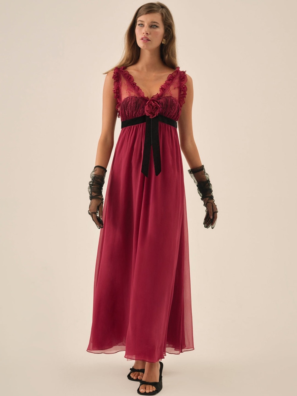 $269 NWT For Love And Lemons “Claudine” Chiffon Maxi Dress in Oxblood Sz Small